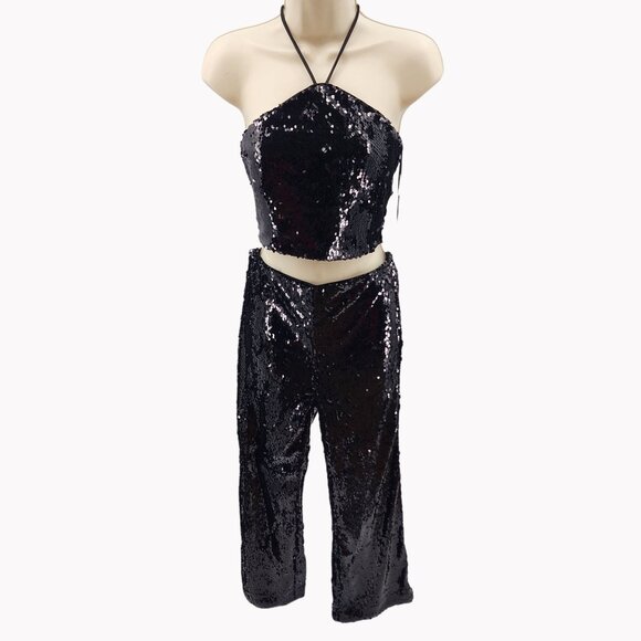 House of Harlow 1960 Women’s XS Black Sequin 2 Pc Halter Crop Top Pants Set New - Picture 2 of 14